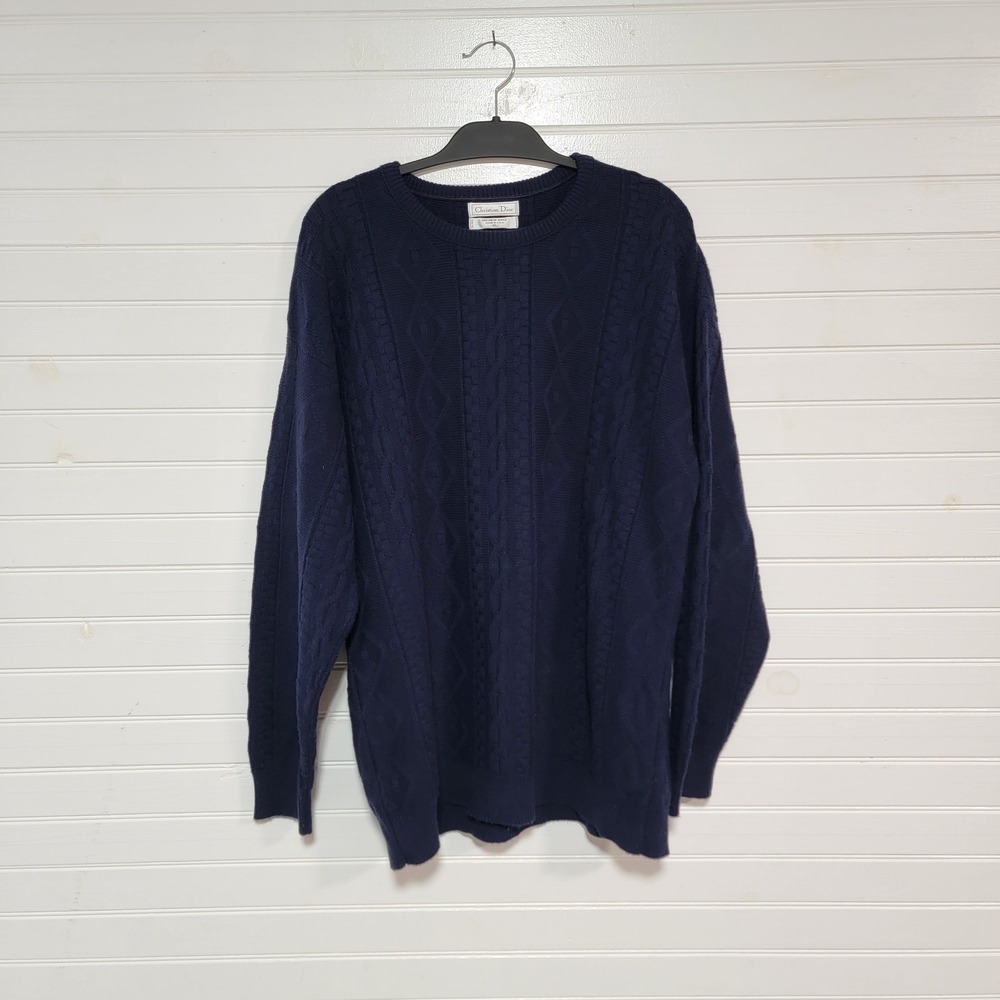 Christian Dior Vintage Navy Blue Cable Knit Crewneck Sweater Mens XL USA